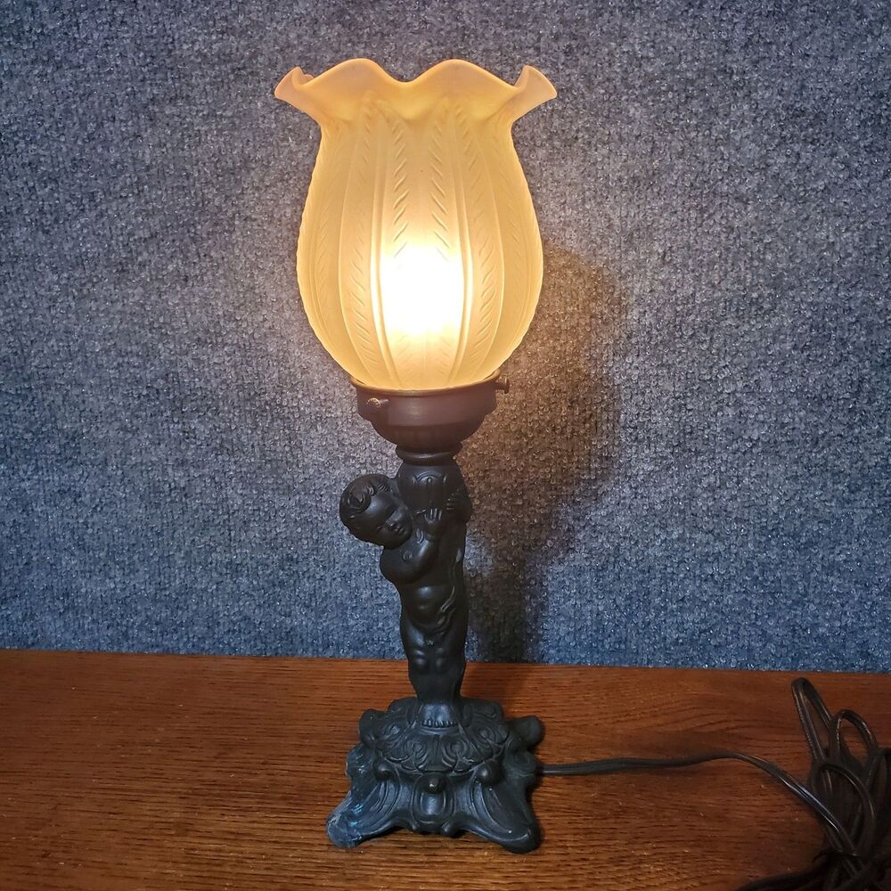 Vintage L&L WMC Cast Metal Table Lamp Cherub Cupid Hollywood Regency Works Room